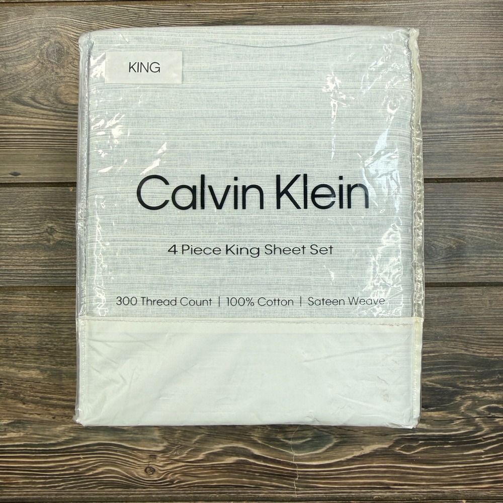 Calvin Klein King 4pc Sheet Set Stippled Wave Blue 300TC Cotton Sateen NEW